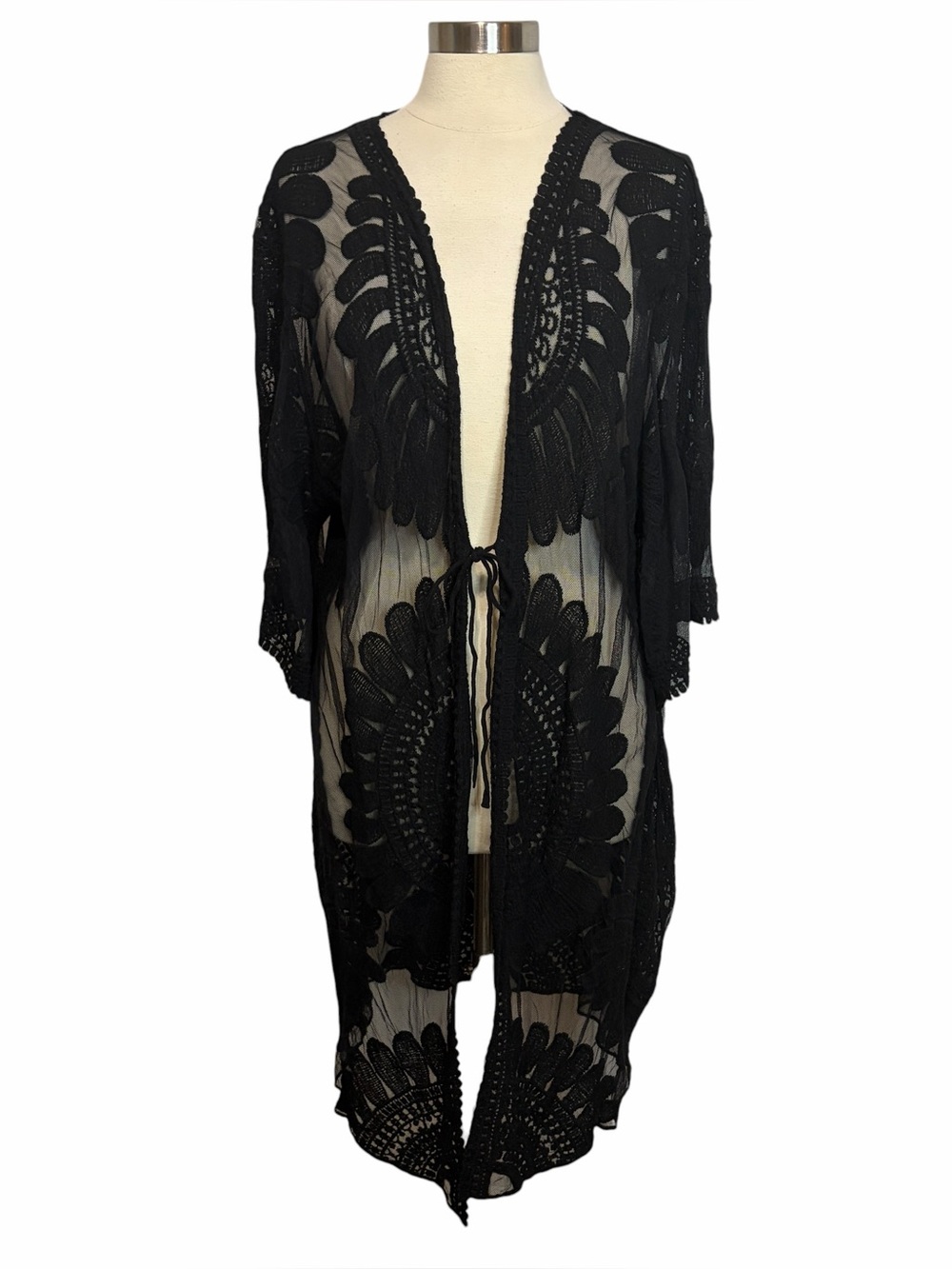 STYLE APPAREL Black Lace Midi Length Kimono, Large